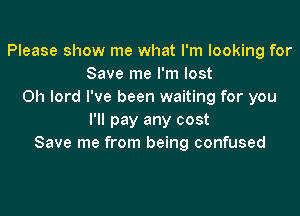 Please show me what I'm looking for
Save me I'm lost
Oh lord I've been waiting for you

I'll pay any cost
Save me from being confused