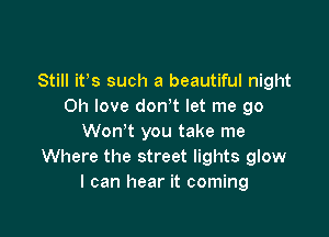 Still it's such a beautiful night
Oh love don t let me go

Won't you take me
Where the street lights glow
I can hear it coming