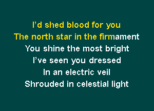 Pd shed blood for you
The north star in the f'Irmament
You shine the most bright
Pve seen you dressed
In an electric veil
Shrouded in celestial light