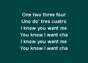One two three four
Uno doo tres cuatro
I know you want me

You know I want cha
I know you want me
You know I want cha