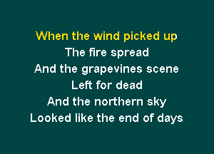 When the wind picked up
The fire spread
And the grapevines scene

Left for dead
And the northern sky
Looked like the end of days