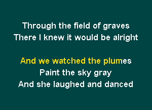 Through the field of graves
There I knew it would be alright

And we watched the plumes
Paint the sky gray
And she laughed and danced