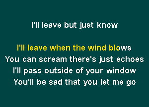 I'll leave but just know

I'll leave when the wind blows
You can scream there's just echoes
I'll pass outside of your window
You'll be sad that you let me go