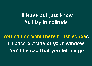 I'll leave but just know
As I lay in solitude

You can scream there's just echoes
I'll pass outside of your window
You'll be sad that you let me go