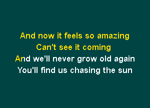 And now it feels so amazing
Can't see it coming

And we'll never grow old again
You'll find us chasing the sun