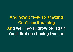 And now it feels so amazing
Can't see it coming

And we'll never grow old again
You'll find us chasing the sun