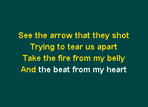 See the arrow that they shot
Trying to tear us apart

Take the fire from my belly
And the beat from my heart