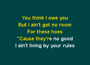 You think I owe you
But I ain't got no room
For these hoes

Cause they're no good
I ain't living by your rules