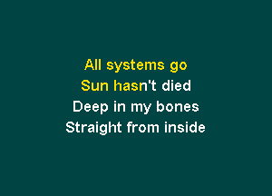 All systems go
Sun hasn't died

Deep in my bones
Straight from inside