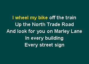 I wheeI my bike off the train
Up the North Trade Road
And look for you on Marley Lane

In every building
Every street sign
