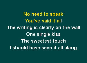 No need to speak
You've said it all
The writing is clearly on the wall

One single kiss
The sweetest touch
I should have seen it all along