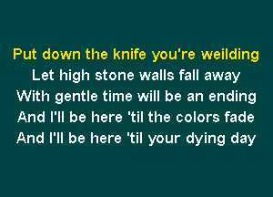 Put down the knife you're weilding
Let high stone walls fall away
With gentle time will be an ending
And I'll be here 'til the colors fade
And I'll be here 'til your dying day