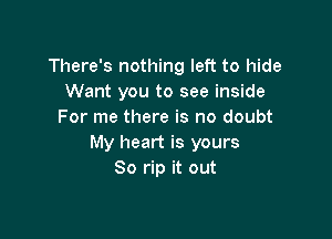 There's nothing left to hide
Want you to see inside
For me there is no doubt

My heart is yours
So rip it out