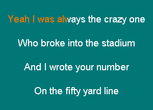 Yeah I was always the crazy one
Who broke into the stadium
And I wrote your number

On the fifty yard line