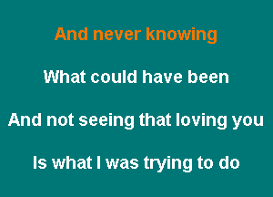 And never knowing

What could have been

And not seeing that loving you

Is what I was trying to do