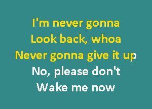 I'm never gonna
Look back, whoa

Never gonna give it up
No, please don't
Wake me now