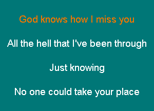 God knows how I miss you
All the hell that I've been through

Just knowing

No one could take your place