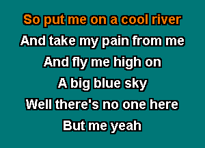 So put me on a cool river
And take my pain from me
And fly me high on

A big blue sky
Well there's no one here
But me yeah