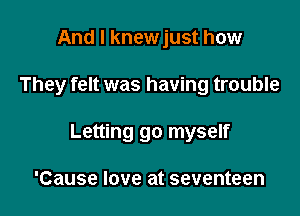 And I knewjust how

They felt was having trouble

Letting go myself

'Cause love at seventeen