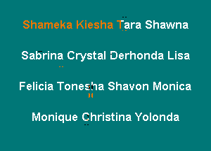 Shameka Kiesha Tara Shawna

Sabrina Crystal Derhonda Lisa

Felicia Tonesha Shavon Monica
ll

Monique Christina Yolonda