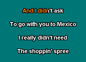 And I didn't ask
To go with you to Mexico

I really didn't need

The shoppin' spree