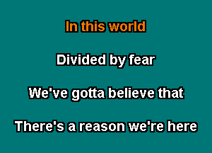 In this world

Divided by fear

We've gotta believe that

There's a reason we're here