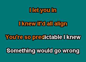 I let you in
I knew it'd all align

You're so predictable I knew

Something would go wrong