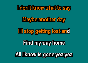 ldon't know what to say
Maybe another day
I'll stop getting lost and

Find my way home

All I know is gone yea yea