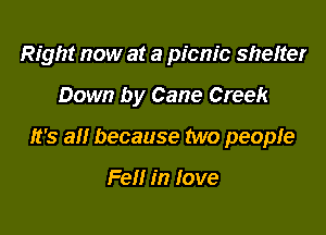 Right now at a picnic shefter

Down by Cane Creek

It's all because two people

Fell in Iove