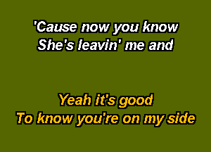 'Cause now you know
She's leavin' me and

Yeah it's good
To know you're on my side