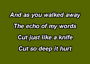 And as you walked away
The echo of my words

Cut just like a knife

Cut so deep it hurt