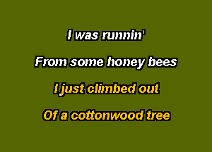 I was runnin'

From some honey bees

Ijust climbed out

Of a cottonwood tree