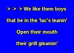 ta r) e We like them boys

that be in the 'Iac's Ieanin'

Open their mouth

their grill gleamin'