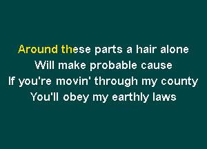 Around these parts a hair alone
Will make probable cause

If you're movin' through my county
You'll obey my earthly laws