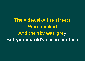 The sidewalks the streets
Were soaked

And the sky was grey
But you should've seen her face