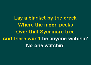 Lay a blanket by the creek
Where the moon peeks
Over that Sycamore tree

And there won't be anyone watchiw
No one watchint