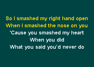 So I smashed my right hand open
When I smashed the nose on you
'Cause you smashed my heart
When you did
What you said you!d never do
