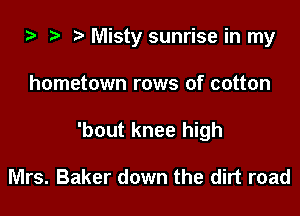 Misty sunrise in my
hometown rows of cotton
'bout knee high

Mrs. Baker down the dirt road