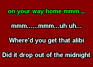 on your way home mmm...
mmm ...... mmm...uh uh...
Where'd you get that alibi

Did it drop out of the midnight