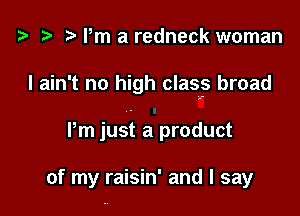 t3 t) rm a redneck woman

I ain't no high class broad

Pm just a product

of my raisin' and I say