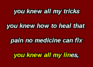 you knew all my tricks
you knew how to healr that
pain no medicine can fix

you knew all my fines,