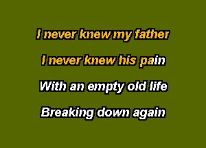 I never knew my father
I never knew his pain

With an empty old life

Breaking down again