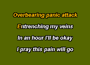 Overbean'ng panic attack
Entrenching my veins

In an hour H! be okay

I pra y this pain Wm go
