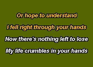 0r hope to understand
I fell right through your hands
Now there '3 nothing left to lose

My life crumbles in your hands