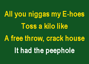 All you niggas my E-hoes

Toss a kilo like
A free throw, crack house
It had the peephole