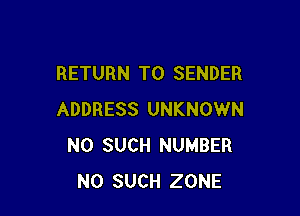 RETURN TO SENDER

ADDRESS UNKNOWN
N0 SUCH NUMBER
N0 SUCH ZONE