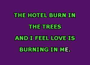 THE HOTEL BURN IN
THE TREES

AND I FEEL LOVE IS

BURNING IN ME.