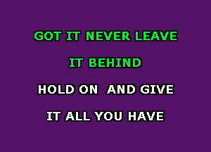 GOT IT NEVER LEAVE
IT BEHIND

HOLD ON AND GIVE

IT ALL YOU HAVE

g