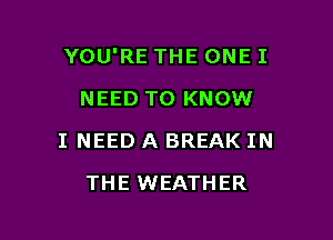 YOU'RE THE ONE I
NEED TO KNOW

I NEED A BREAK IN

THE WEATHER