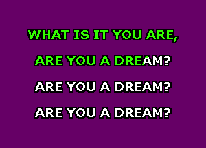 WHAT IS IT YOU ARE,
ARE YOU A DREAM?
ARE YOU A DREAM?
ARE YOU A DREAM?